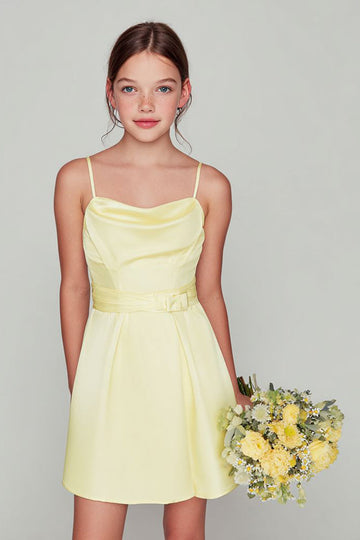 Light Yellow Spaghetti Straps A-Line Satin Short Junior Bridesmaid Dress
